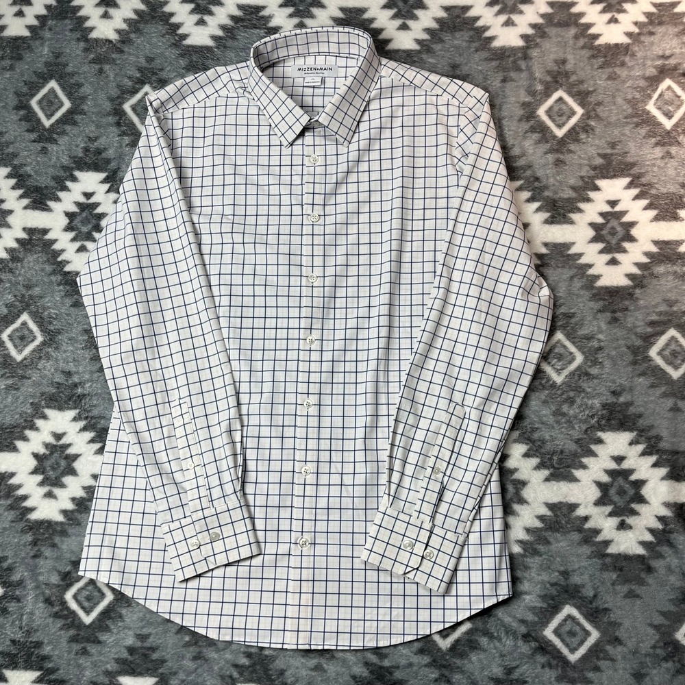 Mizzen+Main Leeward Trim Fit Windowpane Dress Shirt L White‎ Blue LEES2042009